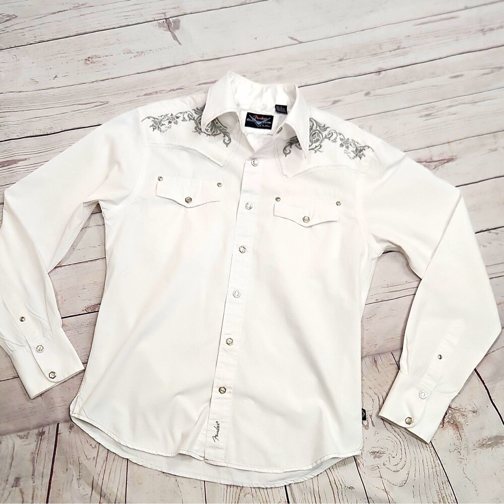 Fender by DaVinci Men's White Western Embroidered Long Sleeve Snap Button  Sz S